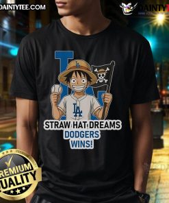 Alt Text: Los Angeles Dodgers Monkey D. Luffy Straw Hat Dreams T-Shirt featuring vibrant graphics for baseball fans.