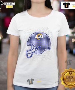 Stylish ladies tee featuring a polka dots design and Los Angeles Rams helmet, perfect for fans and casual wear.