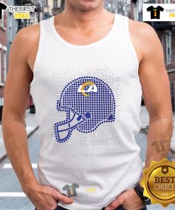 Alt Text: Stylish Los Angeles Rams polka dot helmet tank top, perfect for game day or casual wear, showcasing team spirit.