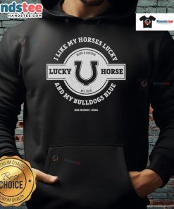 Cozy hoodie featuring a lucky horse and bulldogs design, perfect for animal lovers and fans of unique apparel.