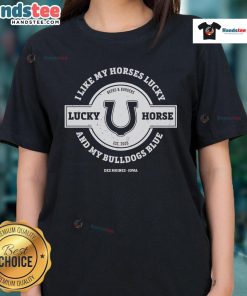 Stylish ladies tee featuring a lucky horse and bulldogs design, perfect for animal lovers and fashion enthusiasts.