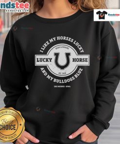 Nice Lucky Horse sweatshirt featuring a lucky horse and bulldogs, perfect for animal lovers and cozy fashion.