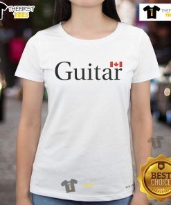 Nice Mac Demarco guitar graphic on Canada flag ladies tee, perfect for music lovers and fans of Canadian culture.