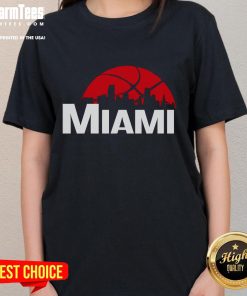 Alt Text: Stylish Miami Heat cityscape skyline ladies tee for 2025, featuring vibrant colors and a modern design.