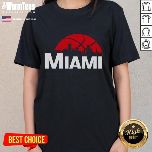 Alt Text: Stylish Miami Heat cityscape skyline ladies tee for 2025, featuring vibrant colors and a modern design.