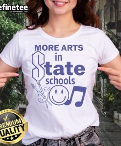 Smiley ladies tee featuring artistic designs, promoting nice arts in state schools for creative expression and education.