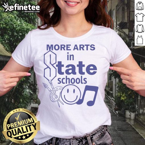 Smiley ladies tee featuring artistic designs, promoting nice arts in state schools for creative expression and education.