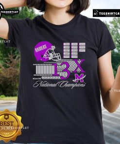 Alt Text: Nice Mount Union Purple Raiders 13x NCAA DIII National Champions helmet logo on a ladies tee shirt.