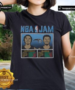 Nice NBA Jam Magic Anthony and Suggs Ladies Tee featuring vibrant graphics of basketball stars for stylish fans.