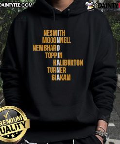Nice Nesmith McConnell Nembhard Toppin Haliburton Turner Siakam hoodie showcasing stylish NBA player apparel.