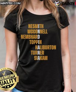 Nice Nesmith McConnell Nembhard Toppin Haliburton Turner Siakam Ladies Tee showcasing stylish basketball-themed apparel.