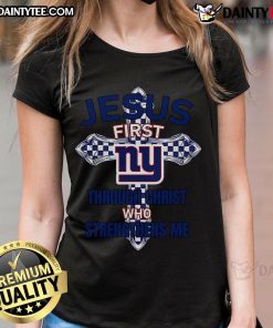 Nice New York Giants Jesus tee for ladies featuring 'I can do all things through Christ who strengthens me' design.
