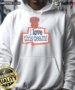 Alt Text: New York Knicks Hardwood Classics hoodie with 'I Love This Team' slogan, perfect for fans and game day wear.