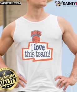 New York Knicks Hardwood Classics tank top featuring 'I Love This Team' design, perfect for fans and stylish sportswear.