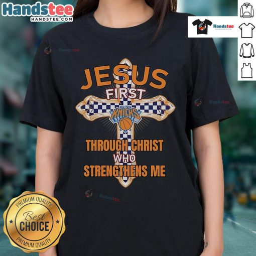 NY Knicks Jesus Tee for ladies featuring 'Through Christ Who Strengthens Me' design, perfect for fans and faith.