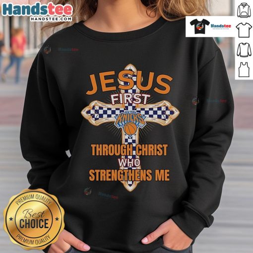 Alt Text: Nice New York Knicks sweatshirt featuring 'I can do all things through Christ who strengthens me' design