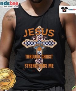 Nice New York Knicks tank top featuring 'Through Christ Who Strengthens Me' design, perfect for fans and believers.