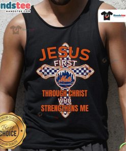 Nice New York Mets tank top featuring 'Through Christ Who Strengthens Me' design, perfect for baseball fans and believers.