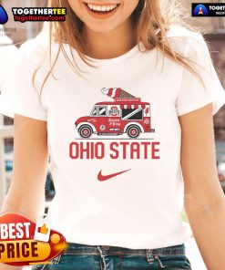 Ohio State Buckeyes ice cream truck ladies tee featuring vibrant team colors and logo for fans and summer wear.