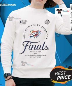 2025 OKC Thunder Western Conference Finals Champions sweatshirt featuring bold team logo and vibrant colors.