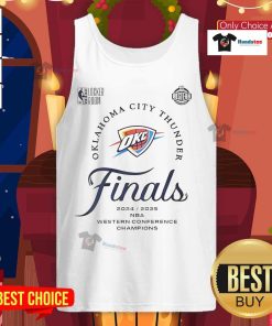2025 OKC Thunder Western Conference Finals Champions tank top featuring bold team colors and logo design.