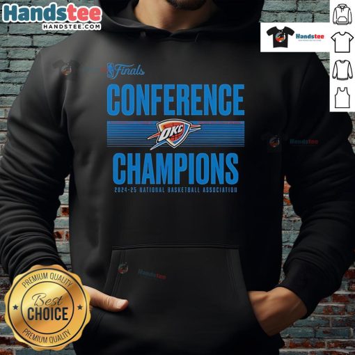 Alt Text: Oklahoma City Thunder 2025 Western Conference Champions hoodie featuring a stylish ball handler design.