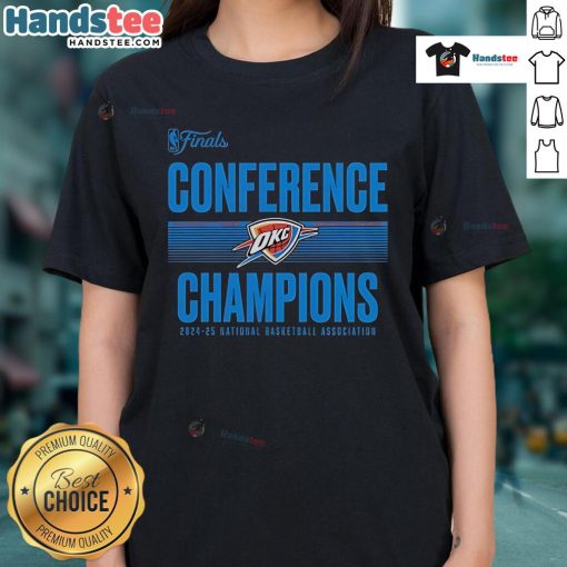 Alt Text: Nice Oklahoma City Thunder 2025 Western Conference Champions ball handler ladies tee showcasing team pride.