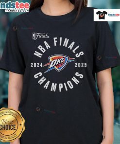 2025 Oklahoma City Thunder NBA Finals Champions Ladies Tee featuring a dynamic offensive rebound design.