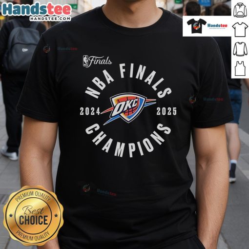 Alt Text: 2025 NBA Finals Champions T-Shirt featuring Oklahoma City Thunder logo and 'Offensive Rebound' design.