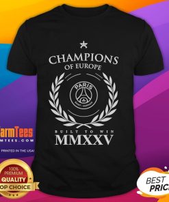 Alt Text: Nice Paris Saint-Germain 2025 Champions Of Europe T-Shirt showcasing team pride and winning spirit.
