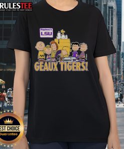 LSU Geaux Tigers ladies tee featuring 'Happiness Is' design with peanuts, perfect for fans celebrating team spirit.