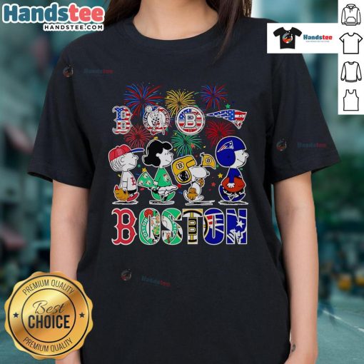 Alt Text: Ladies' tee featuring Nice Peanuts design for Happy 4th of July, celebrating Boston sports spirit.