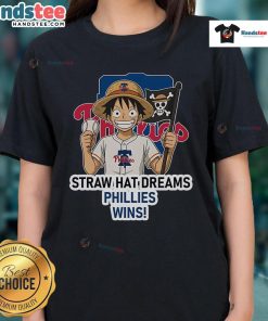 Alt Text: Ladies tee featuring Philadelphia Phillies Monkey D. Luffy design, perfect for fans of baseball and anime.