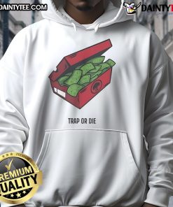 Alt Text: Stylish Nice Push Trees Trap or Die The Shoe Box Money Hoodie displayed on a mannequin in urban setting.