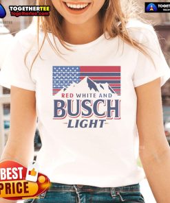 Alt Text: Ladies tee featuring a red and white design with the Busch Light logo and US flag, perfect for patriotic occasions.