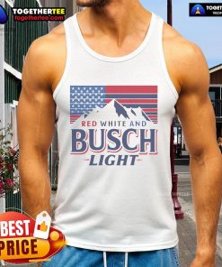 Stylish red and white tank top featuring a Busch Light US flag design, perfect for summer and patriotic celebrations.