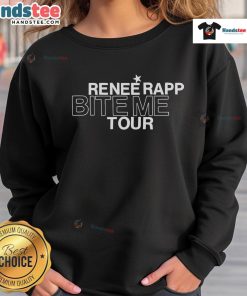 Alt Text: Renee Rapp 2025 Bite Me Tour schedule sweatshirt featuring tour dates on both sides, stylish and cozy design.