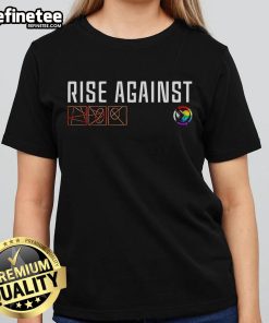 Nice Rise Against X Happy Pride Month ladies tee featuring vibrant colors and a bold pride design for celebration.
