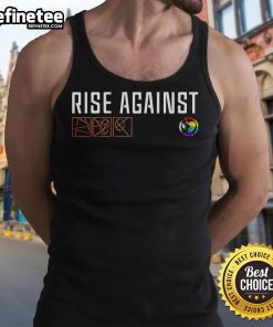 Colorful 'Nice Rise Against X' tank top celebrating Happy Pride Month with vibrant rainbow design.