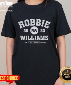 Robbie Williams performing live at Vale Park Stadium on June 4th, featured on a ladies' tee shirt design.
