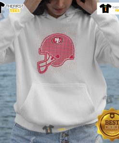 Alt Text: Stylish San Francisco 49ers polka dots helmet hoodie featuring team colors and logo, perfect for fans and cold weather.