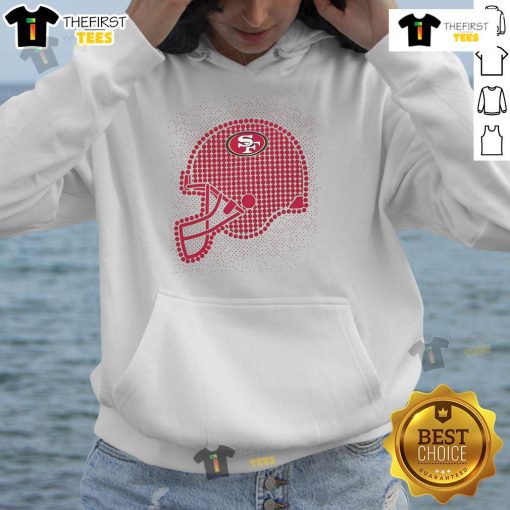 Alt Text: Stylish San Francisco 49ers polka dots helmet hoodie featuring team colors and logo, perfect for fans and cold weather.