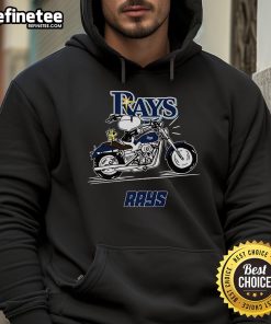 Nice Snoopy and Woodstock driving a motorbike on a Tampa Bay Rays hoodie, showcasing a fun and vibrant design.