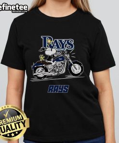 Alt Text: Nice Snoopy and Woodstock driving a motorbike on Tampa Bay Rays ladies tee, perfect for baseball fans.