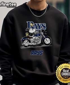 Snoopy and Woodstock driving a motorbike on a Tampa Bay Rays sweatshirt, showcasing vibrant colors and playful design.
