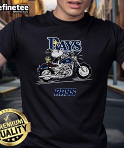 Alt Text: Snoopy and Woodstock riding a motorbike on a Tampa Bay Rays T-shirt, perfect for baseball fans and collectors.