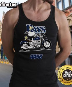 Alt Text: Snoopy and Woodstock joyfully driving a motorbike, wearing a Tampa Bay Rays tank top, perfect for summer fun.