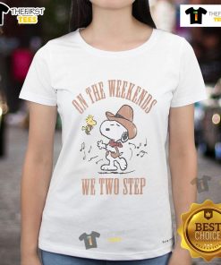Ladies tee featuring Snoopy and Woodstock with 'On The Weekends We Two-Step' design, perfect for casual outings.