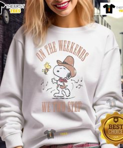 Cozy Nice Snoopy Woodstock sweatshirt featuring 'On The Weekends We Two Step' design, perfect for casual outings.