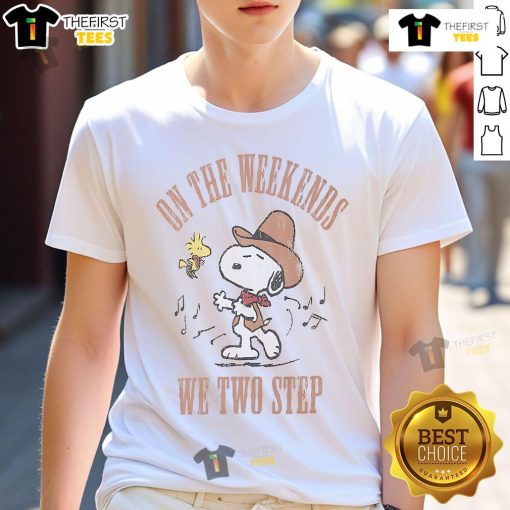 Alt Text: Cute Snoopy and Woodstock graphic on a 'On The Weekends We Two Step' T-shirt for fun casual wear.